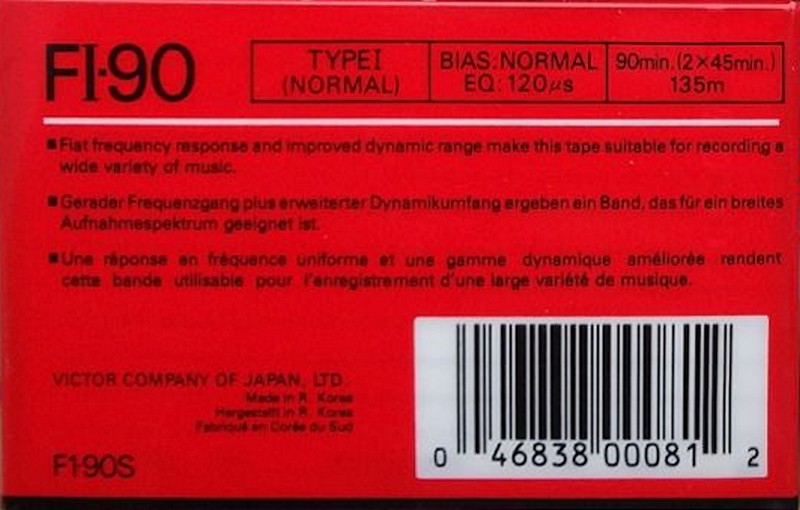 Compact Cassette JVC FI 90 "F1-90S" Type I Normal 1988 North America