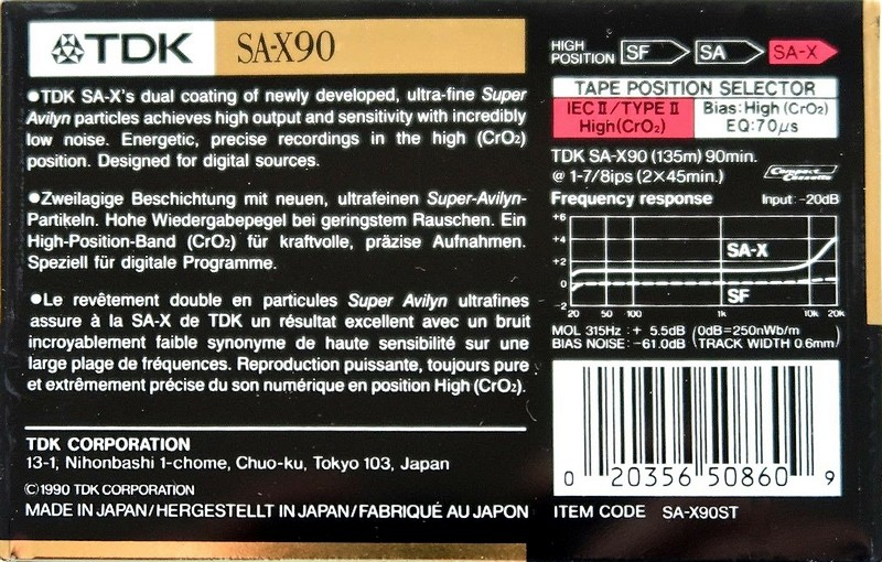 Compact Cassette TDK SA-X 90 "SA-X90ST" Type II Chrome 1990 North America