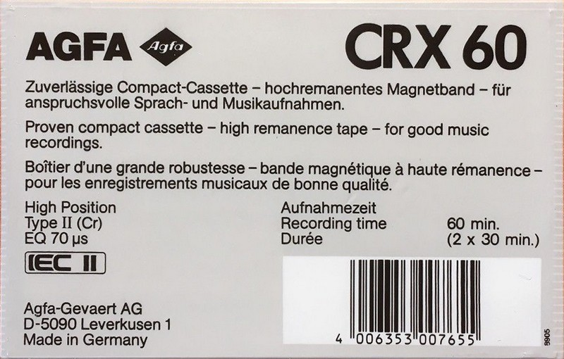 Compact Cassette AGFA CRX 60 Type II Chrome 1989 Europe