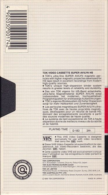 VHS, Video Home System TDK HS 180 Type II Chrome 1985 Europe