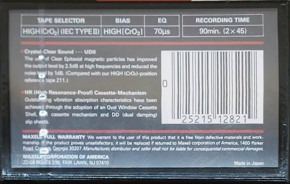 Compact Cassette Maxell UDII / UD2 90 Type II Chrome 1988 USA