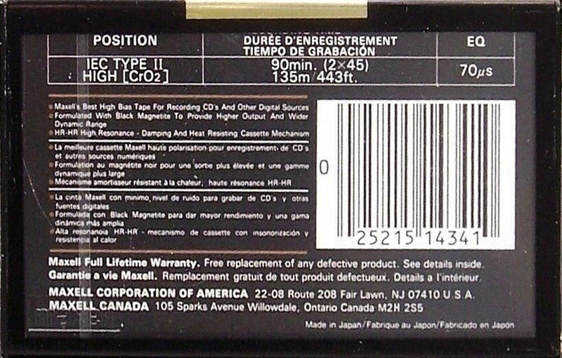 Compact Cassette Maxell XLII-S 90 Type II Chrome 1992 North America