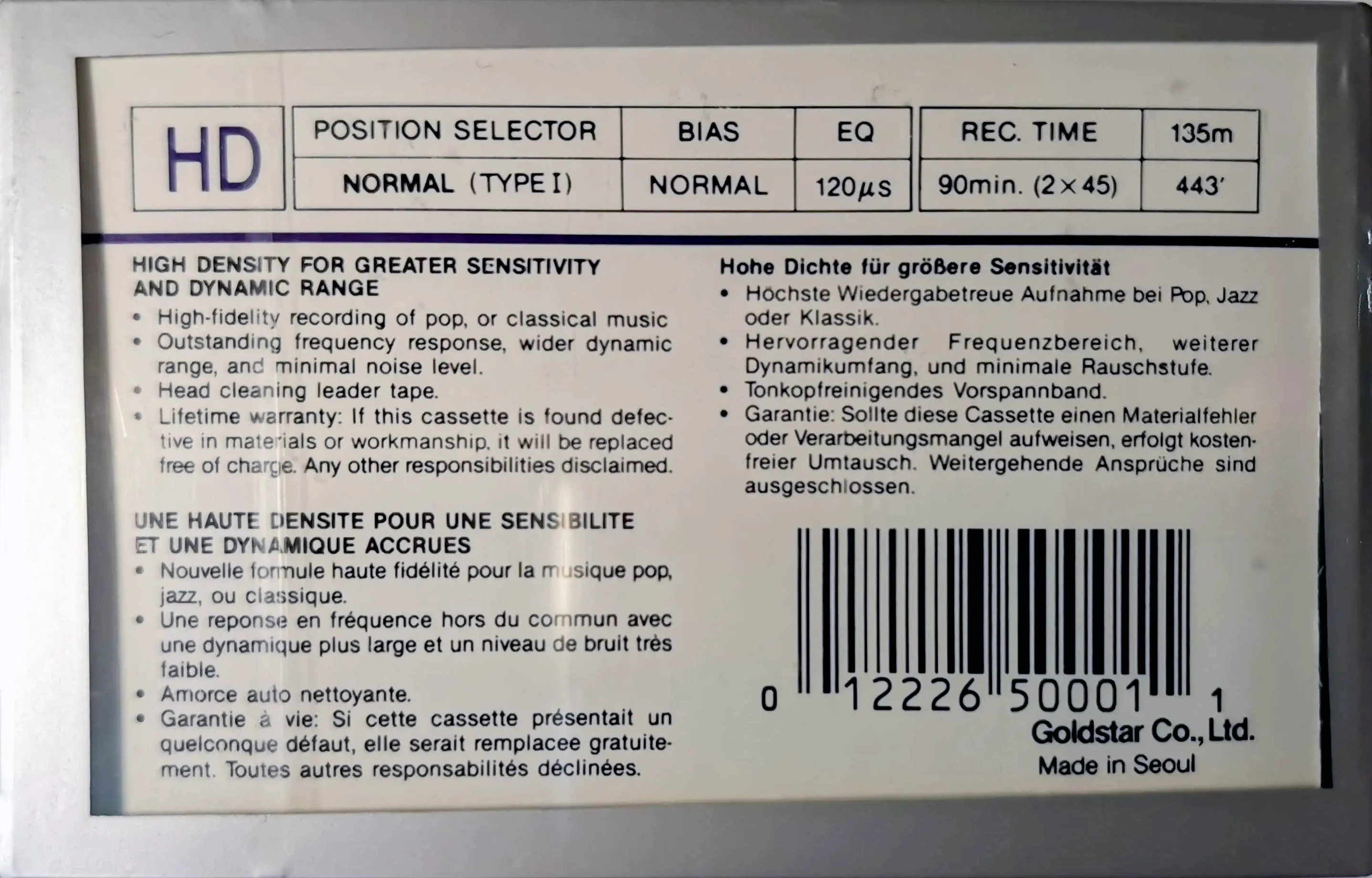 Compact Cassette Goldstar HD 90 Type I Normal 1988 USA