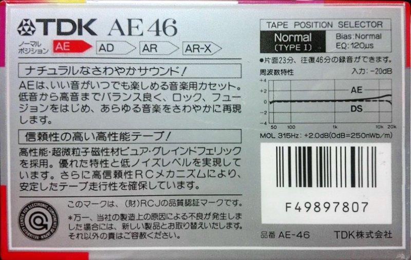 Compact Cassette TDK AE 46 "AE-46" Type I Normal 1987 Japan