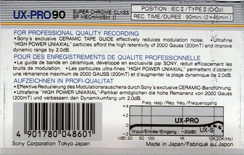 Compact Cassette Sony UX-Pro 90 Type II Chrome 1986 Europe