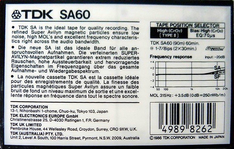 Compact Cassette TDK SA 60 Type II Chrome 1986 Australia, Europe