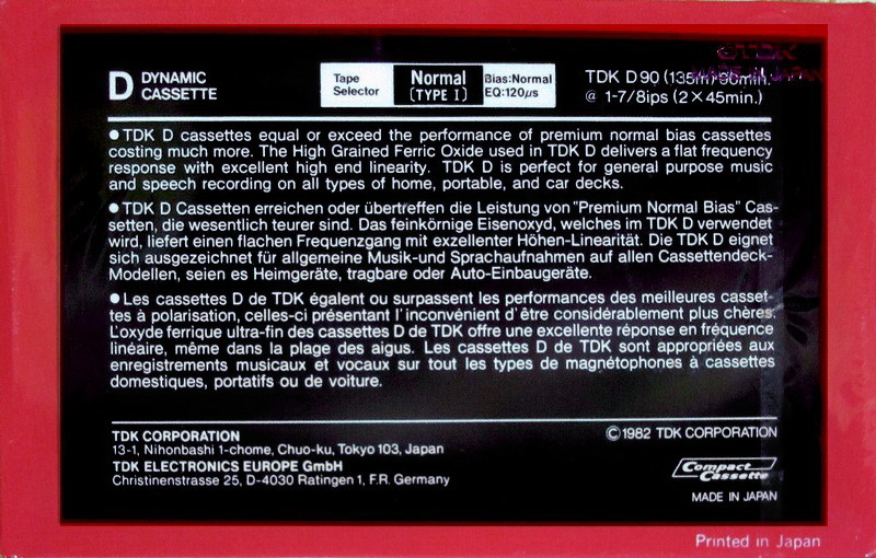 Compact Cassette TDK D 90 Type I Normal 1982 Europe