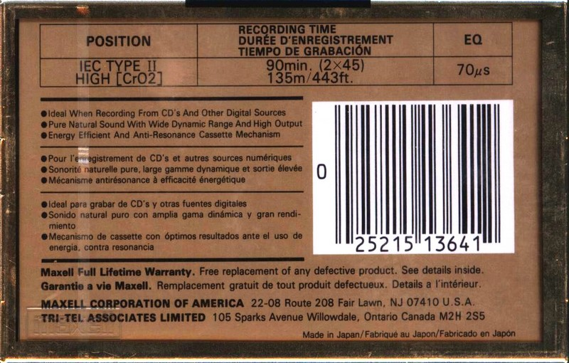 Compact Cassette Maxell XLII 90 Type II Chrome 1992 North America