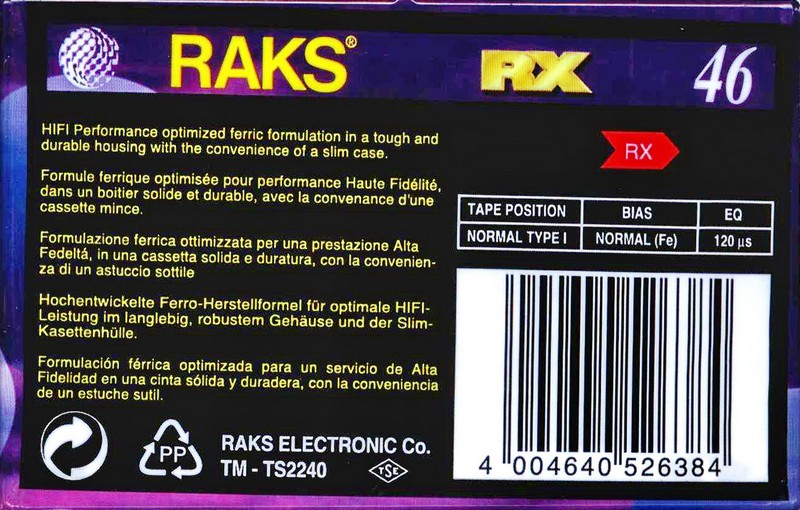 Compact Cassette RAKS RX 46 Type I Normal 1993 Europe
