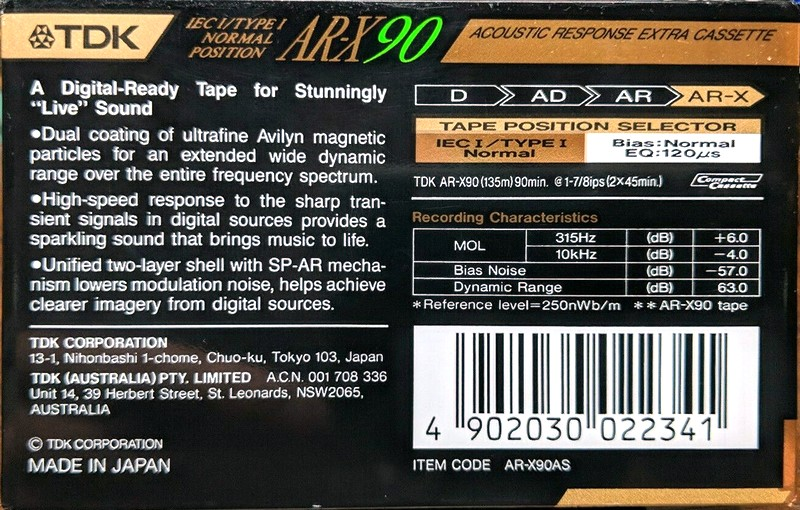 Compact Cassette TDK AR-X 90 "AR-X90AS" Type I Normal 1991 Australia