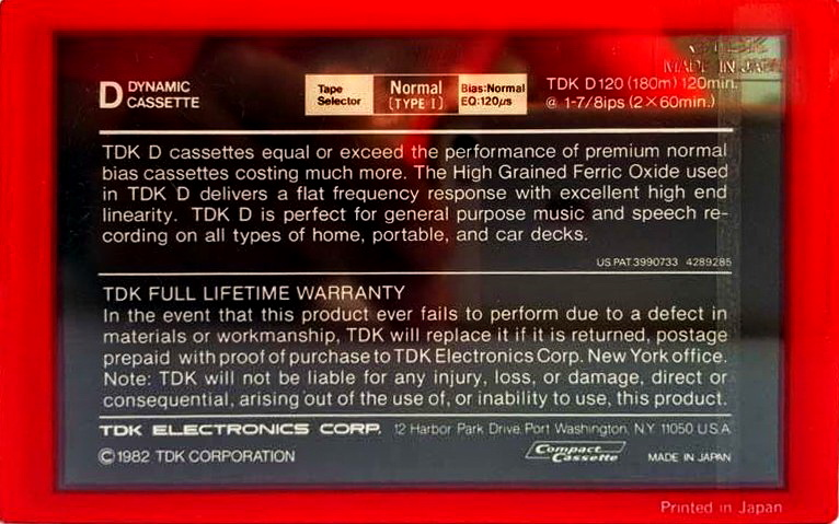 Compact Cassette TDK D 120 Type I Normal 1982 USA