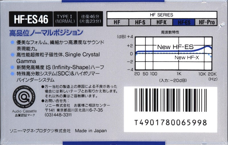 Compact Cassette Sony HF-ES 46 "HF-ES 46A" Type I Normal 1988 Japan