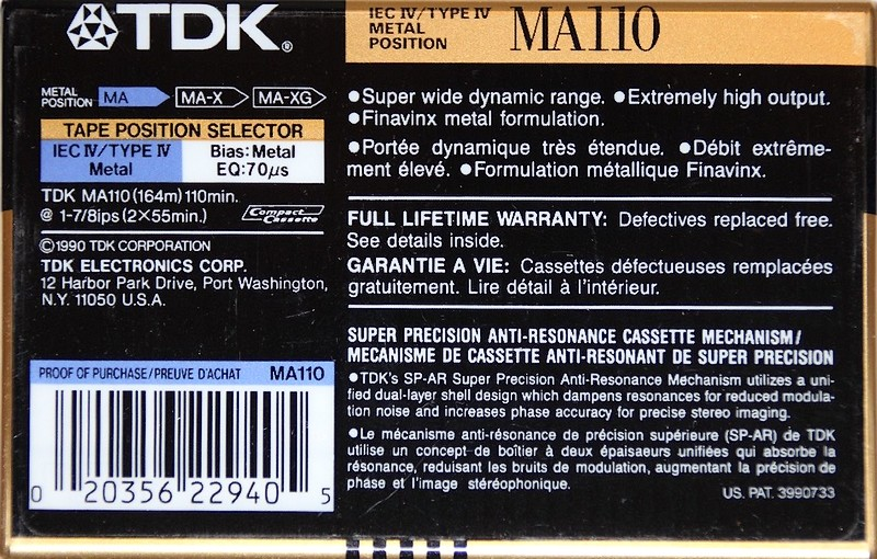 Compact Cassette TDK MA 110 Type IV Metal 1990 North America