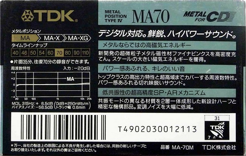 Compact Cassette TDK MA 70 "MA-70M" Type IV Metal 1990 Japan