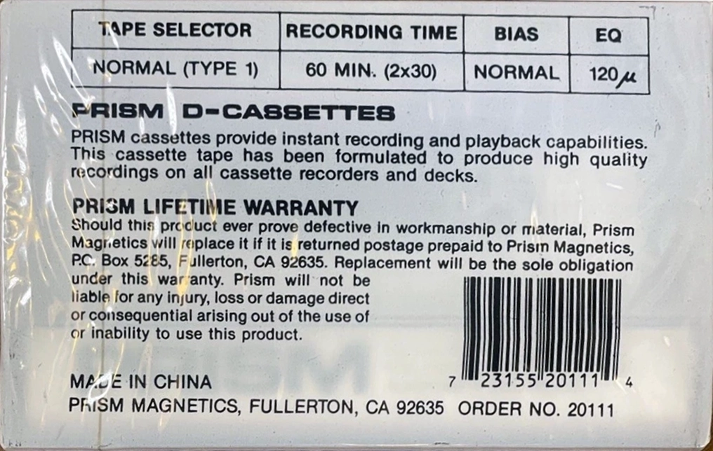 Compact Cassette Prism D 60 Type I Normal 1990 USA