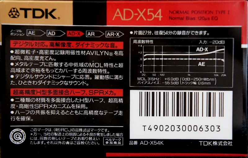 Compact Cassette TDK AD-X 54 "AD-X54K" Type I Normal 1989 Japan
