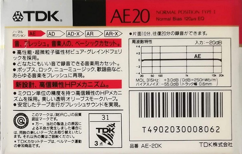 Compact Cassette TDK AE 20 "AE-20K" Type I Normal 1989 Japan