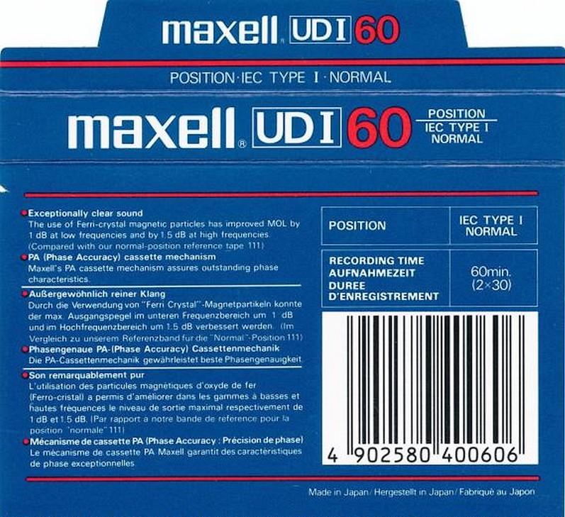 Compact Cassette Maxell UDI / UD1 60 Type I Normal 1985 Europe