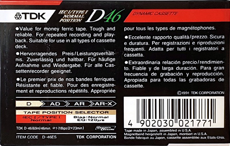 Compact Cassette TDK D 46 "D-46ES" Type I Normal 1991 USA