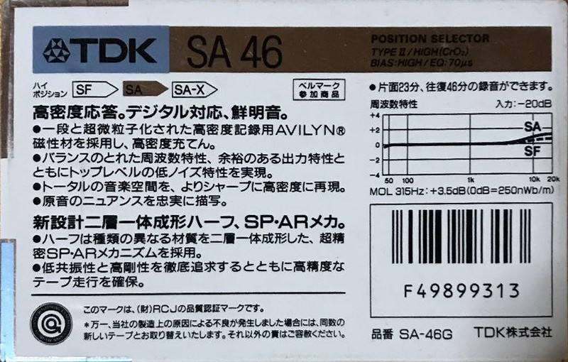 Compact Cassette TDK SA 46 "SA-46G" Type II Chrome 1988 Japan