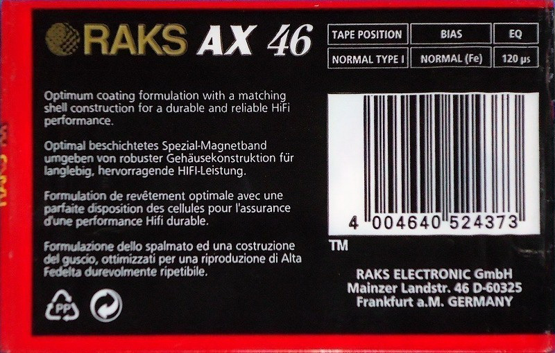 Compact Cassette RAKS AX 46 Type I Normal 1996 Europe