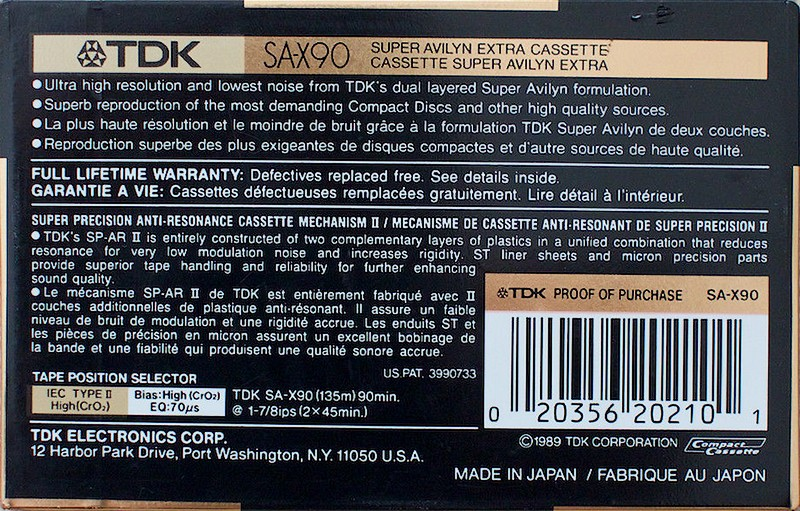Compact Cassette TDK SA-X 90 Type II Chrome 1989 North America