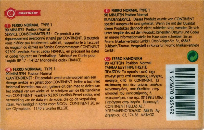 Compact Cassette Continent / Continente Ferro 90 Type I Normal Europe