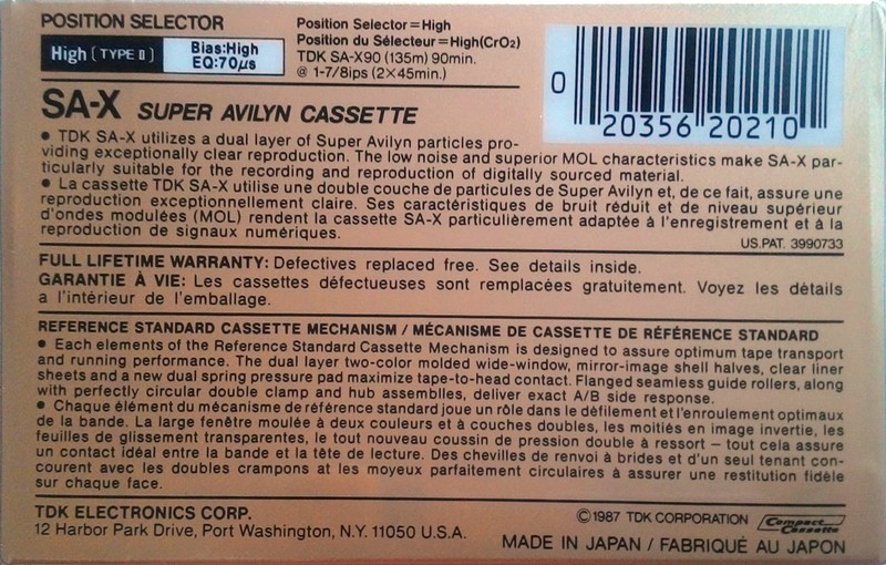 Compact Cassette TDK SA-X 90 Type II Chrome 1987 North America