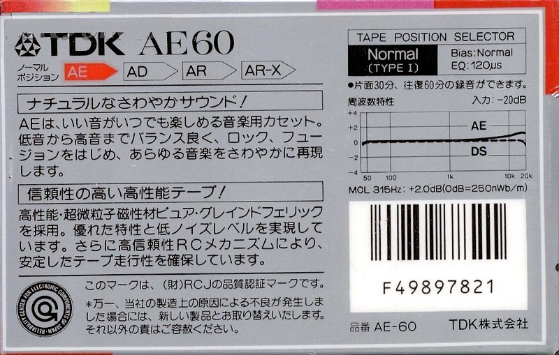 Compact Cassette TDK AE 60 "AE-60" Type I Normal 1987 Japan