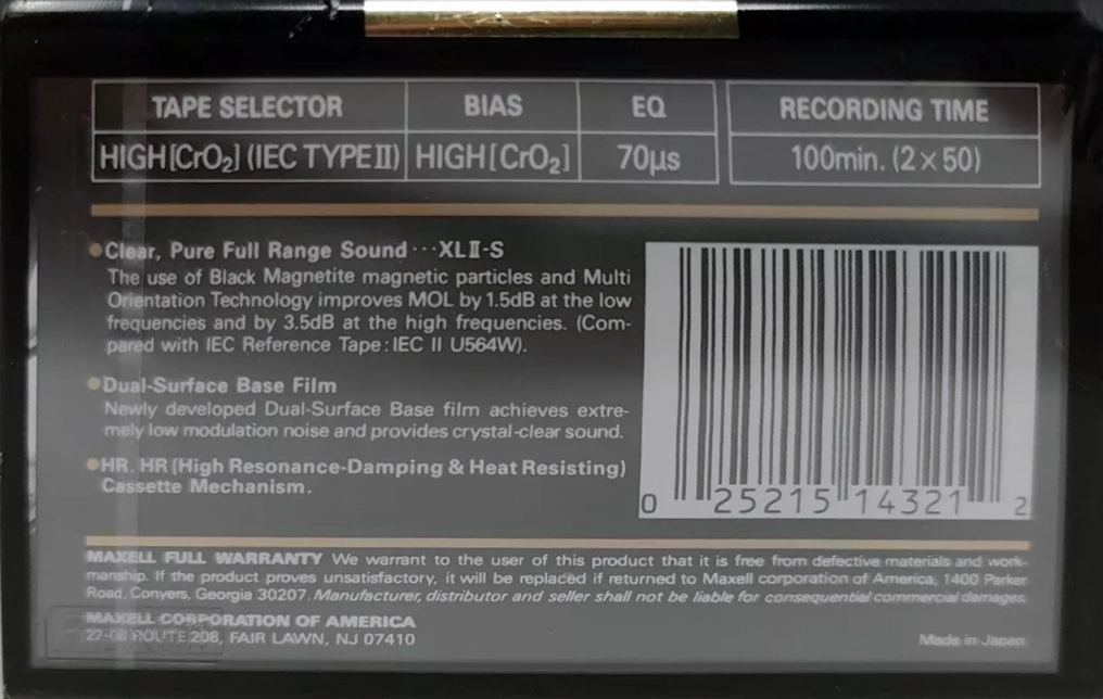 Compact Cassette Maxell XLII-S 100 Type II Chrome 1991 USA