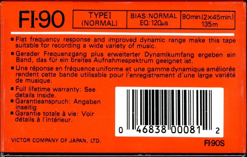 Compact Cassette JVC FI 90 "FI-90S" Type I Normal 1988 North America