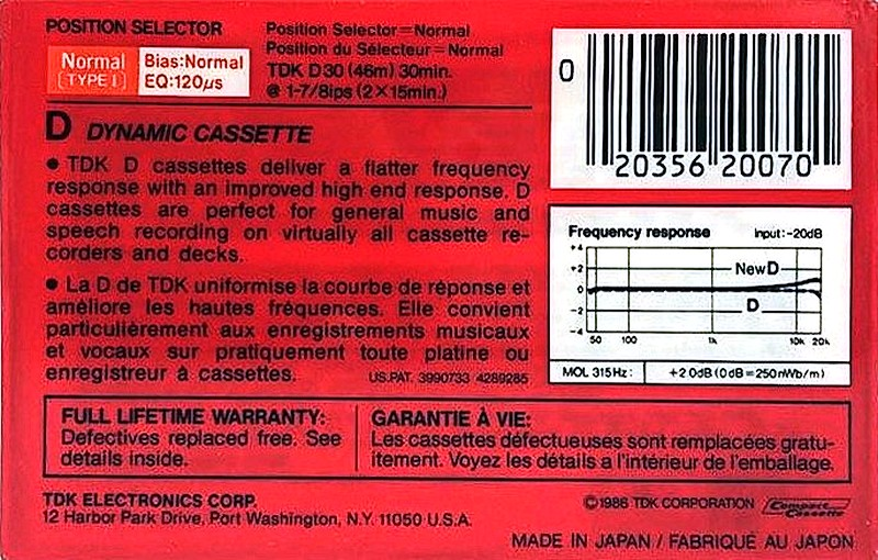 Compact Cassette TDK D 30 Type I Normal 1986 North America