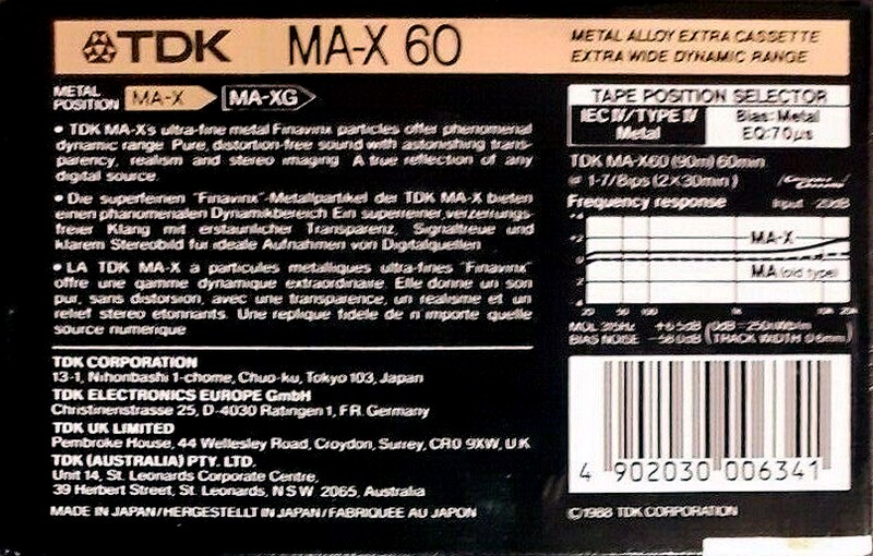 Compact Cassette TDK MA-X 60 Type IV Metal 1988 Australia, Europe
