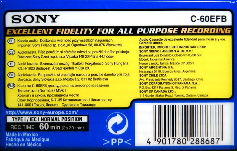 Compact Cassette Sony EF 60 "C-60EFB" Type I Normal 1999 Worldwide