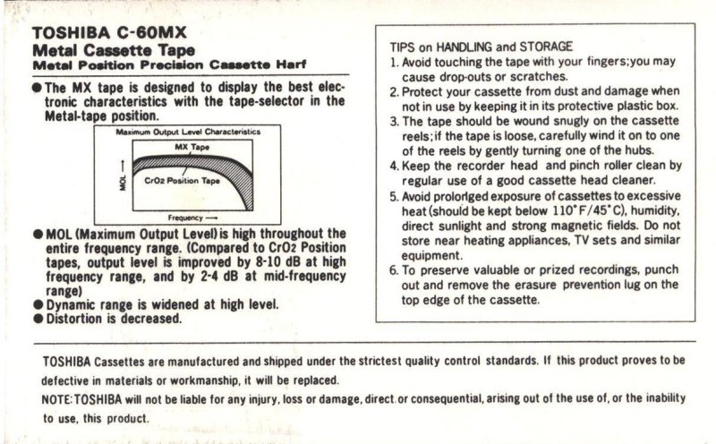 Compact Cassette Toshiba MX 60 Type IV Metal 1980 USA