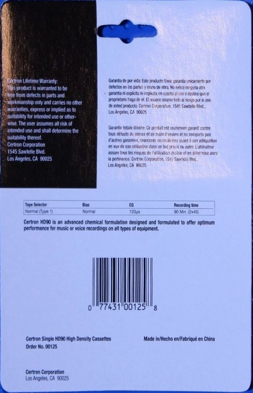 Compact Cassette Certron HD 90 Type I Normal China