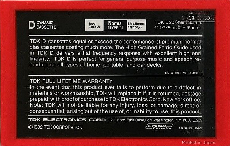 Compact Cassette TDK D 30 Type I Normal 1982 USA