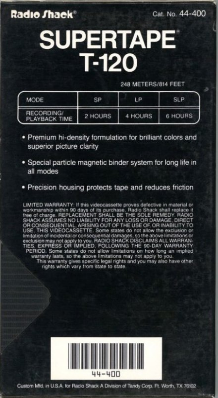 VHS, Video Home System SUPERTAPE 120 Type I Normal 1985 USA