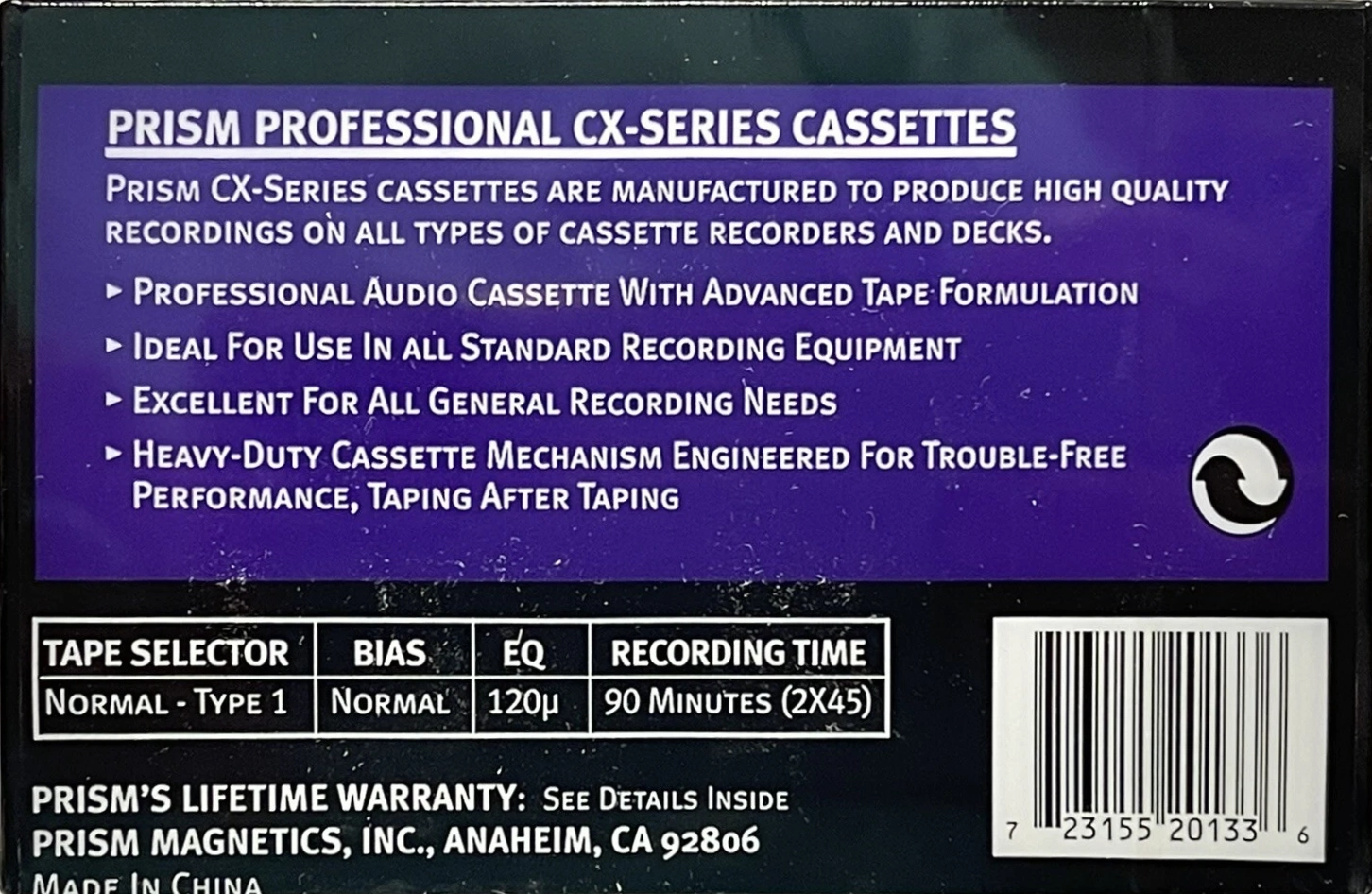 Compact Cassette Prism CX 90 Type I Normal USA