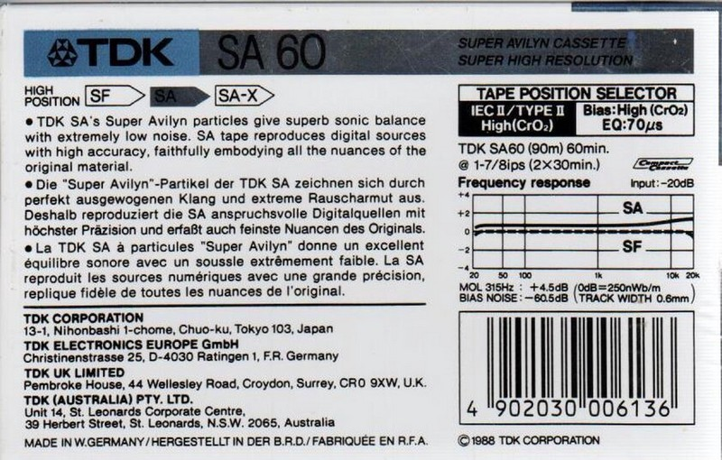 Compact Cassette TDK SA 60 Type II Chrome 1988 Australia, Europe