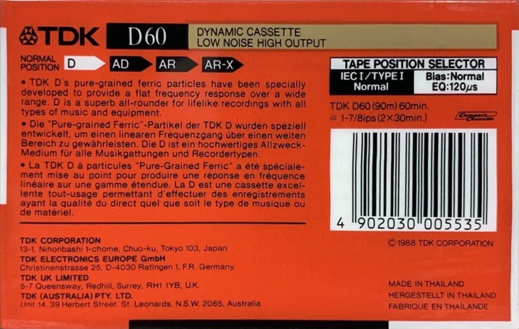 Compact Cassette TDK D 60 "D-60N" Type I Normal 1988 Australia, Europe