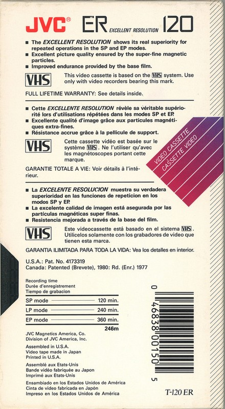 VHS, Video Home System JVC ER 120 "T-120 ER" Type I Normal 1989 North America