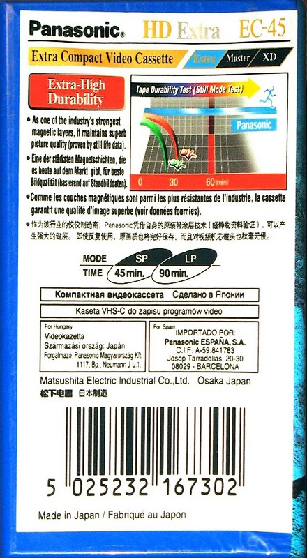 VHS-C (VHS Compact) Panasonic Extra HD 45 "NV-EC45HF" Type I Normal Worldwide