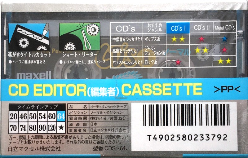 Compact Cassette Maxell CD`s I / CD`s 1 64 "CDS1-64J" Type I Normal 1995 Japan