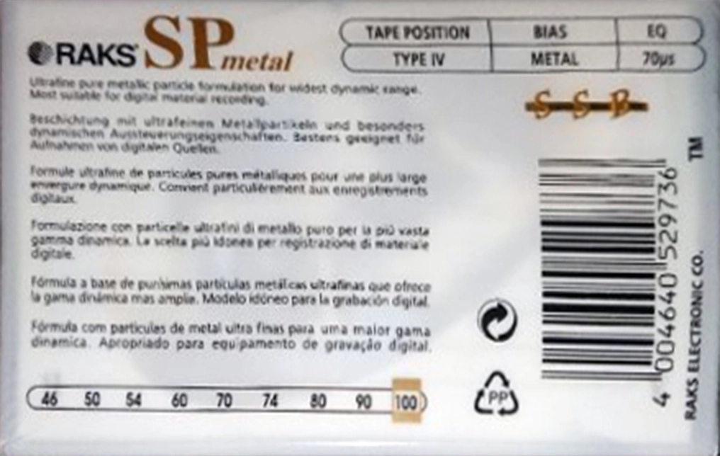 Compact Cassette RAKS SP Metal 100 Type IV Metal 1996 Europe