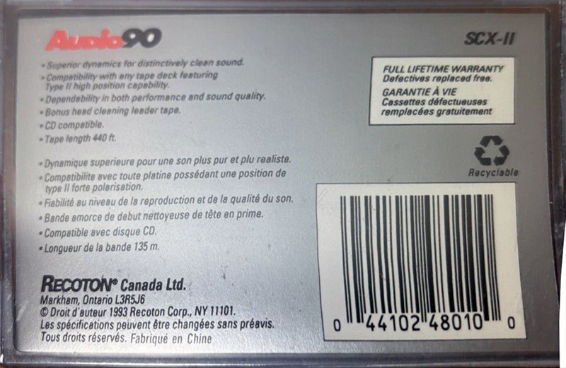 Compact Cassette Recoton 90 "SCR-II" Type II Chrome 1993 Canada