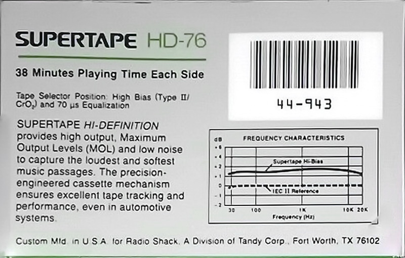 Compact Cassette SUPERTAPE HD 76 "44-943" Type II Chrome 1988 USA