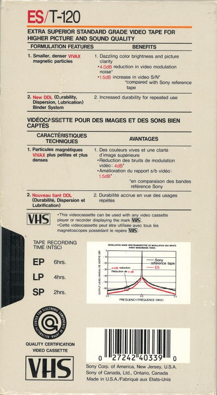 VHS, Video Home System Sony ES 120 Type I Normal 1988 North America