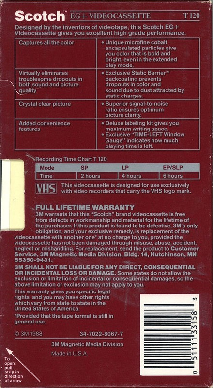 VHS, Video Home System Scotch EG+ 120 Type I Normal 1988 USA