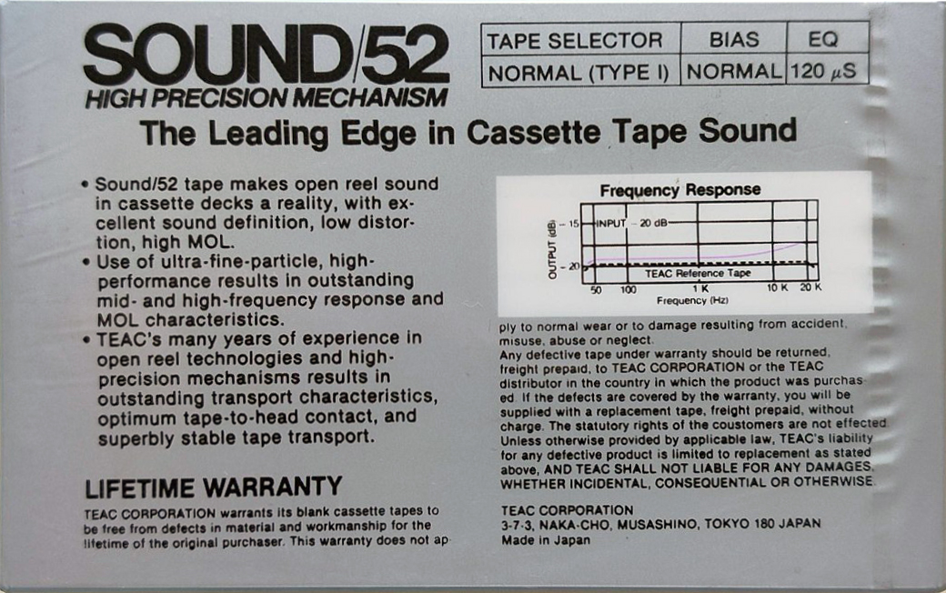 Compact Cassette Teac SOUND 52 "/52S" Type I Normal 1984 USA